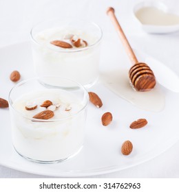 Homemade Yogurt With Honey And Almonds.selective Focus