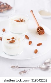 Homemade Yogurt With Honey And Almonds.selective Focus