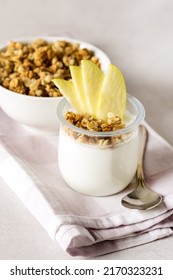Homemade Yougurt With Granola Decorated With Apple Healthy Diet Breakfast Napkin Spoon Vertical