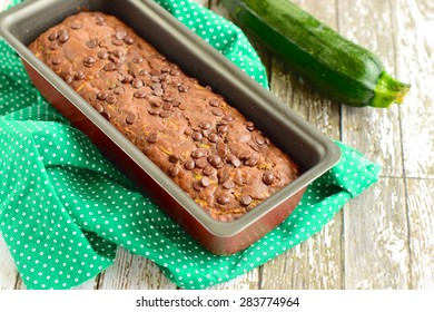 Homemade Zucchini Chocolate Bread In Baking Dish 