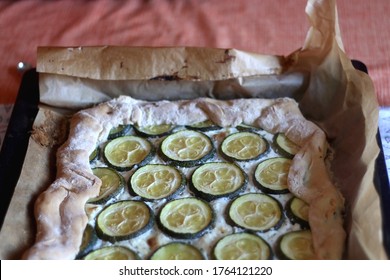 Homemade Zucchini Galette Served On A Table. Selective Focus.