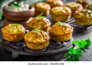 Homemade zucchini muffins with feta cheese, savory courgette with ingredients
