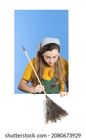 Homemaker Cleaning Dust From Comment Section On Social Media With A Feather Duster