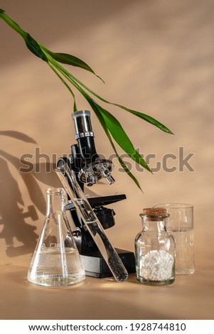 Homeopathy is an alternative medicine. Microscope and flasks for studying homeopathy. Green bamboo leaf. Laboratory for creating homeo balls.