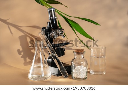 Homeopathy is an alternative medicine. Microscope and flasks for studying homeopathy. Green bamboo leaf. Laboratory for creating homeo balls.