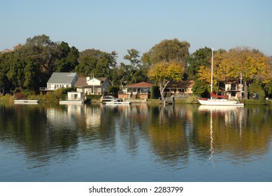 Homes Along The Sacramento River Near Isleton, California