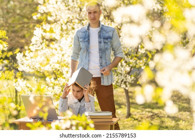 Homeschool Young Little Girl Learning, Reading And Does Homework With Mean Dad Strictly Teaching Encourage. Father Angry Daughter That Lazy To Study Hard. Family Domestic Parent, Kid Problem.