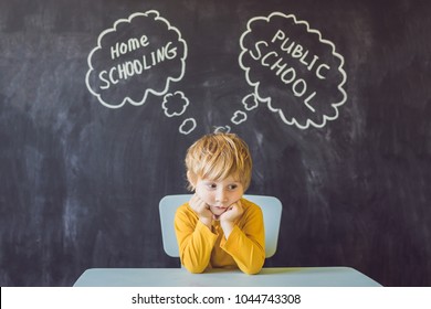 Homeschooling Vs Public Schools - The Boy Sits At The Table And Chooses Between Home Schooling And Public School - Be Educated By Teacher Vs Learn And Study At Home With Parents