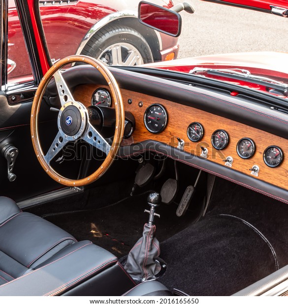 Homestead, Pennsylvania, USA July 21, 2021 The\
interior, stick shift and steering wheel of a vintage convertible\
at a summer vintage car\
show