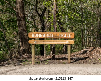 The Homewood Trail Sign In Frick Park, A City Park In Pittsburgh, Pennsylvania, USA On A Sunny Spring Day