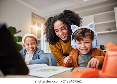 Homework, mother and children with smile, education and happiness with time together, relax and joy. Family, apartment and adhd with woman, kids and students with headphones, documents and learning - Powered by Shutterstock