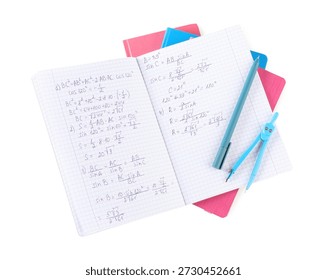Homework. Notebook with math formulas and different stationery isolated on white, top view