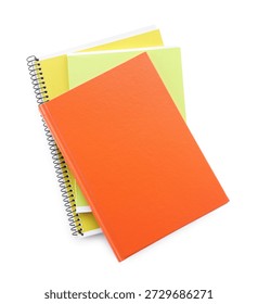 Homework. Stack of colorful notebooks isolated on white, top view