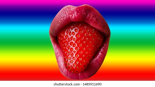 Homosexual Concept. Lips With Strawberries. Female Mouth On Rainbow Flag Background. Pride. Tongue. Berry. Erotic Food. Sexy Lips Taste.