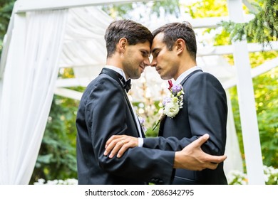 Homosexual Couple Celebrating Their Own Wedding - LBGT Couple At Wedding Ceremony, Concepts About Inclusiveness, LGBTQ Community And Social Equity