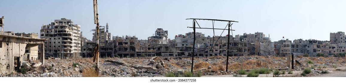 Homs, Syria - August 25, 2021: Destroyed city center after Syria war.