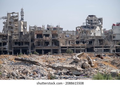 Homs, Syria - August 26, 2021: Houses Destroyed During Syrian Civil War.