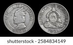 Honduras 1931 1-Lempira silver coin. Issued to replace peso. Named after and features  native Lenca chieftain who resisted Spaniards in 1500s. Same specs as US silver half-dollar. Isolated on black.