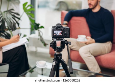 Honest Conversation On A Camera. Close Up Photo. Female Reporters Communicating With A CEO Of A Big Company