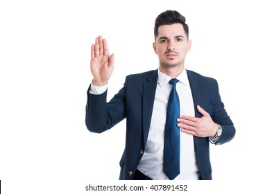 Honest Lawyer Hand Over Heart As Swear Or Oath Gesture For Law And Justice Concept