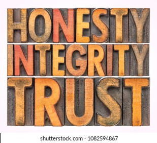 Honesty, Integrity, Trust - Isolated Word Abstract In Vintage Letterpress Wood Type Blocks Stained By Color Inks