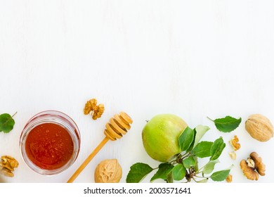 Honey, Apples And Walnuts On White Wooden Background. Overhead Food Shots. Copy Space Composition