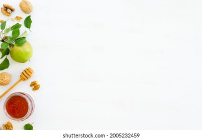 Honey, Apples And Walnuts On White Wooden Background. Overhead Food Shots. Copy Space Composition