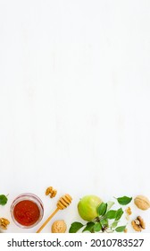 Honey, Apples And Walnuts On White Wooden Background. Overhead Food Shots. Copy Space Composition