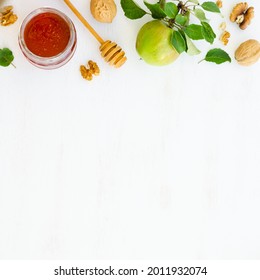 Honey, Apples And Walnuts On White Wooden Background. Overhead Food Shots. Copy Space Composition