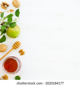 Honey, Apples And Walnuts On White Wooden Background. Overhead Food Shots. Copy Space Composition