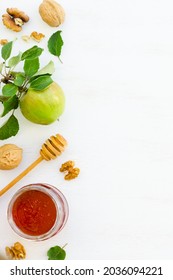 Honey, Apples And Walnuts On White Wooden Background. Overhead Food Shots. Copy Space Composition