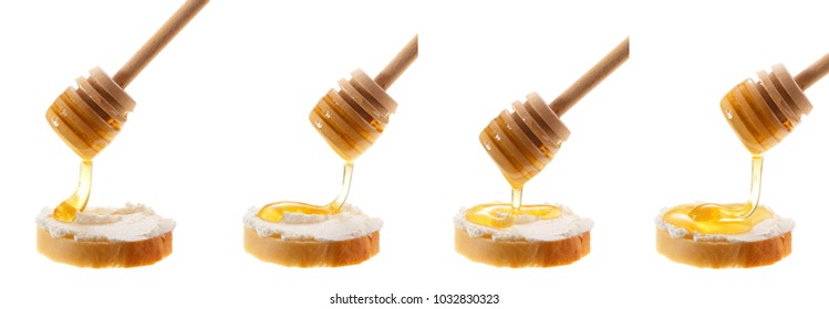 Honey is applied to the surface of bread with mascarpone. Isolated on a white background. Set of images. - Powered by Shutterstock