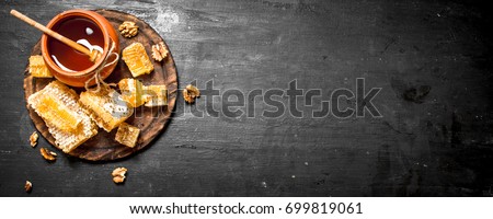 Similar – Image, Stock Photo Food background with fresh whole and half peaches on kitchen towel with leaves, flowers and copy space for your design or product , top view. Flat lay. Horizontal. Border