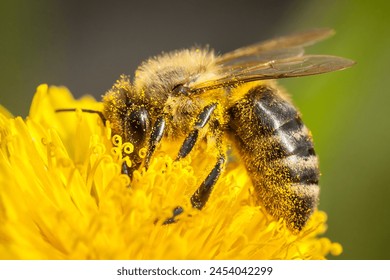 honey bee, apis mellifera, silhouette of a bee, anatomical structure of an insect, bee bathed in pollen, pollinating insect, dandelion flower, yellow flower, anthers, stamens, pollination, worker bee