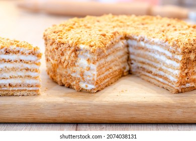Honey cake. classic honey cake . Slit and Slice of Cake. Homemade baking concept