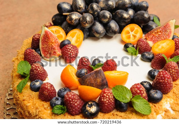 Honey Cake Decorated Fruits Berries Decorate Royalty Free Stock