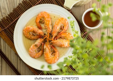 Honey Crispy Shrimp On Table With White Plate Top Down With Tea Chinese Food Cuisine Traditional Dish