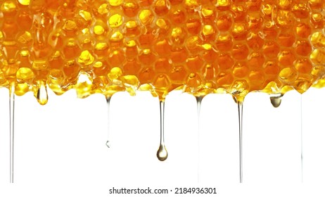 Honey Dripping From Honey Comb On White Background. Macfro Shot Of Honey Drop Dipping From The Honeycomb. Healthy Food Concept, Diet, Dieting