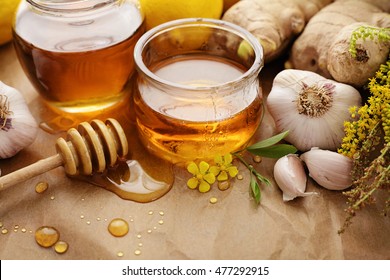 Honey, Garlic, Herbs, Lemon And Ginger - Natural Medicine, Healthy Food