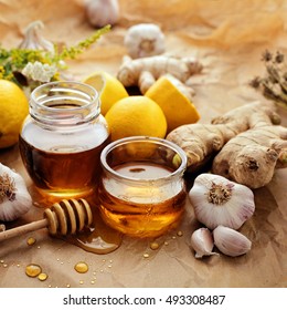 Honey, Garlic, Herbs, Lemon And Ginger - Natural Medicine, Healthy Food