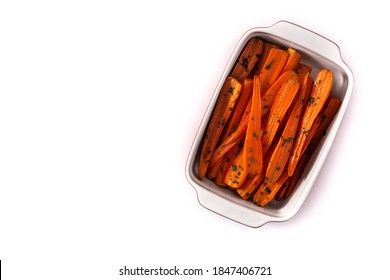 Honey Glazed Carrots Isolated On White Background.Top View. Copy Space