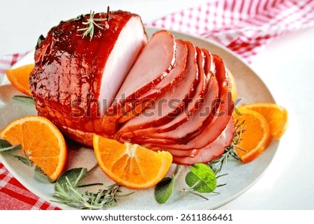 Honey glazed Easter ham. Selective focus.