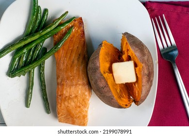 Honey Glazed  Salmon  Served With Sauteed Green Beans.