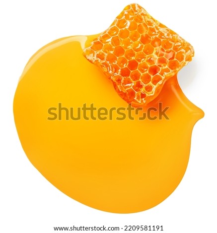 Honey isolated on white background, top view. Honeycomb with flowing sweet syrup Flat lay. Food concept.