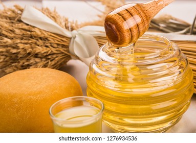 Honey Jar With Cheese And Glass Of Honey Liqueur.