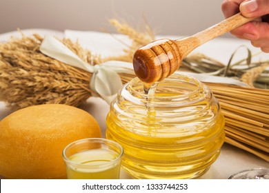 Honey Jar With Cheese And Glass Of Honey Liqueur.