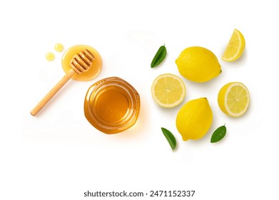 Honey jar with lemon and green leaves isolated on white background. Top view - Powered by Shutterstock