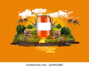Honey jar nature manipulation advertising. Concept design template. Natural honey.