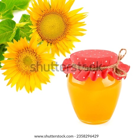 Honey in jar and sunflower flower isolated on white background. Collage.