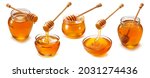 Honey jars, cups and dippers set isolated on white background. Package design elements with clipping path